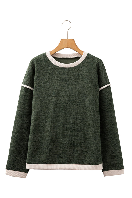 Four Leaf Clover Contrast Color Trim Knit Drop Shoulder Loose Top