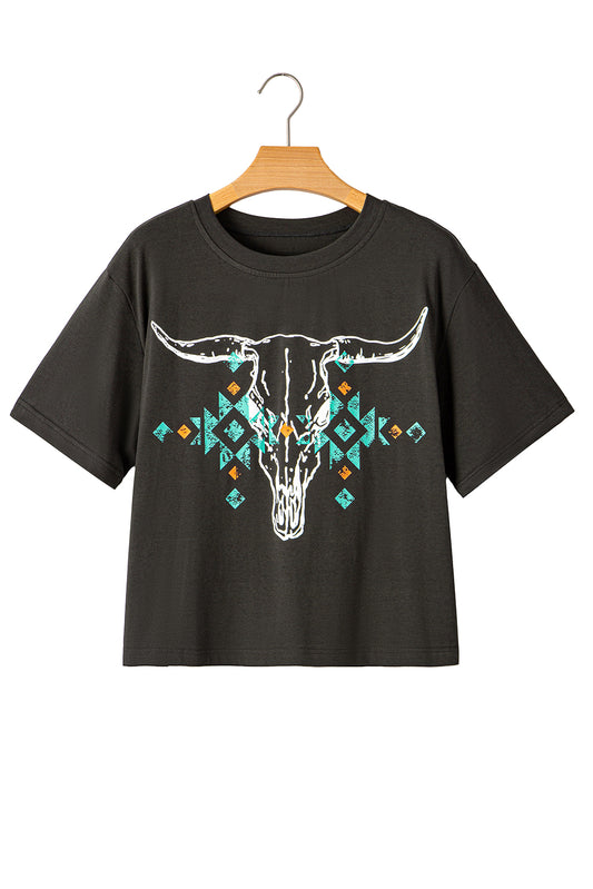 Carbon Grey Vintage Bull Head Skull Turquoise Geometric Graphic T Shirt