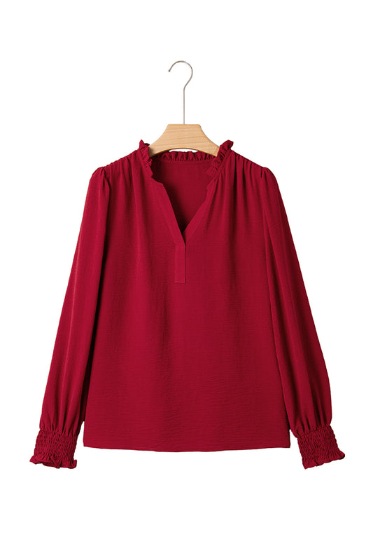 Burgundy Notched Neck Shirred Cuffs Long Sleeve Blouse