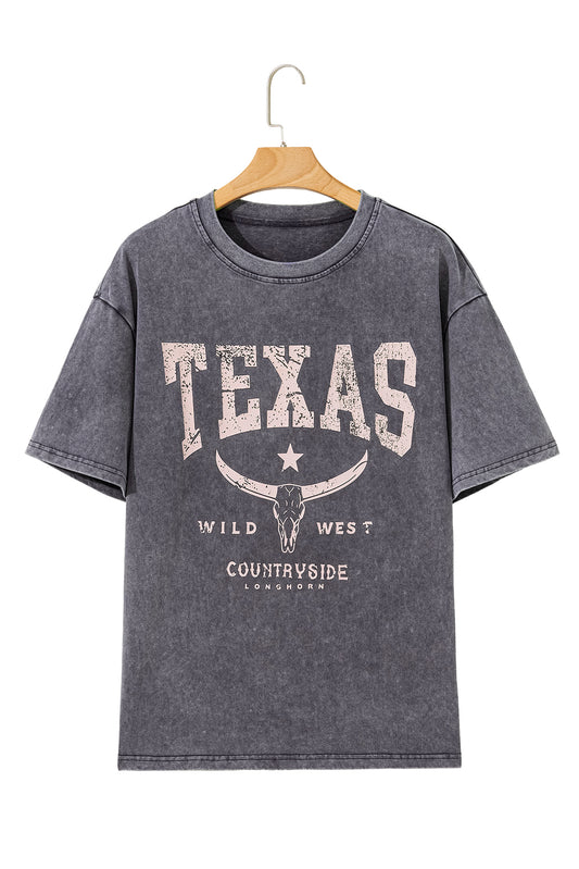 Medium Grey TEXAS Steer Head Graphic Mineral Wash Oversized T Shirt