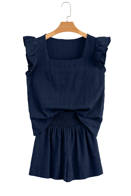 Dirty Blue Textured Ruffle Top and Shirred High Waist Shorts Set