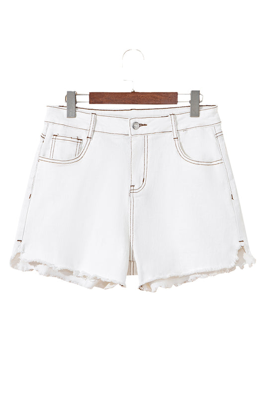 White Raw Hem High Waist Denim Shorts