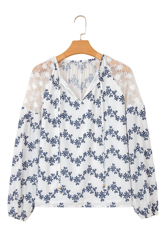 Blue Lace Patchwork Floral Bubble Sleeve V Split Neck Blouse