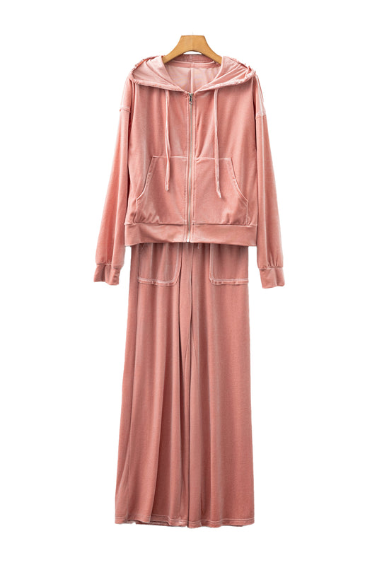 Peach Blossom Velvet Zip-up Hoodie and Wide Leg Pants Set