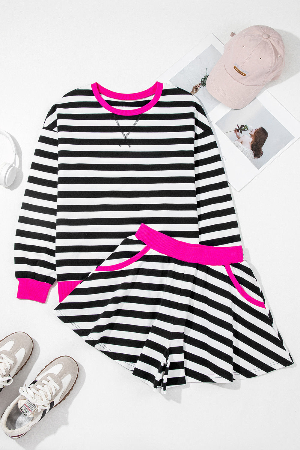 Gray Stripe Contrast Trim Long Sleeve Top and Shorts Set