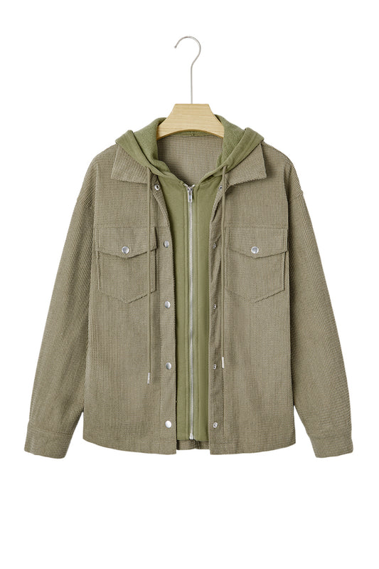 Laurel Green Solid Color Textured Patchwork Flap Pocket Shacket