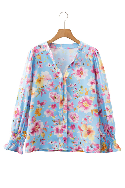 Sky Blue Floral Smocked Cuff Flounce Sleeve V Neck Blouse
