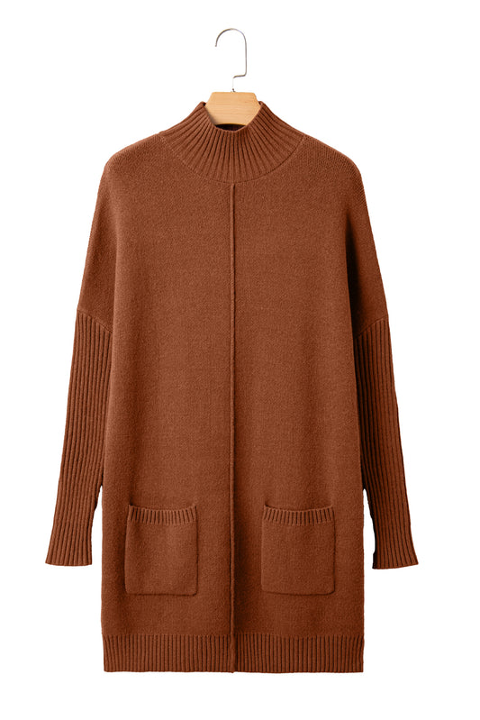 Chestnut Ribbed High Neck Front Pockets Center Seam Shift Sweater Dress