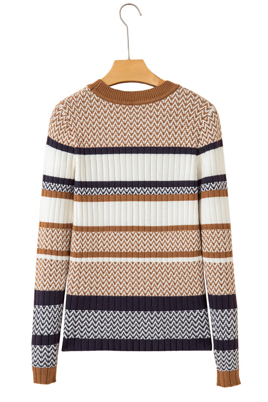 Brown Stripe Chevron Pattern Knitted Ribbed Trim Slim Fit Sweater