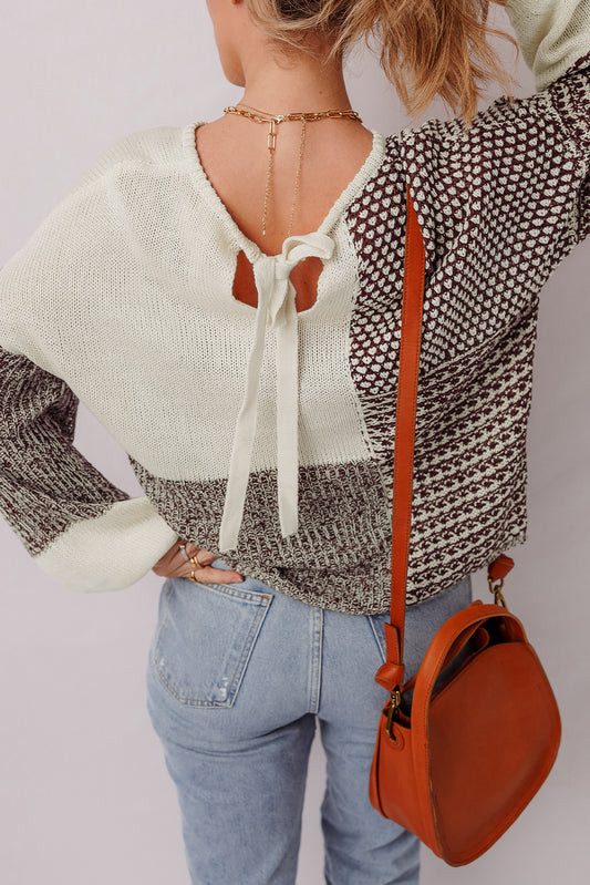 Dark Khaki Colorblock Back Tie Drop Shoulder Loose Sweater