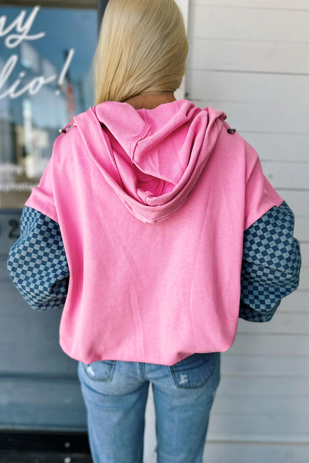 Parchment Checkered Patchwork Kangaroo Pocket Half Zipper Hoodie