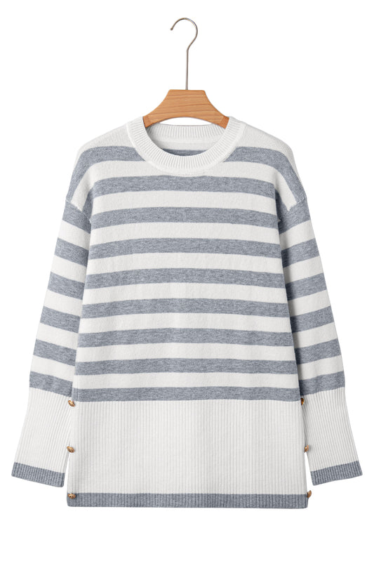 Gray Stripe Ribbed Buttoned Detail Drop Shoulder Tunic Sweater