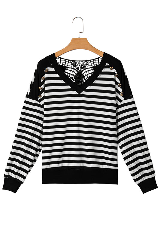 Black Stripe Crochet Hollow-out Back Buttoned Decor V Neck Top