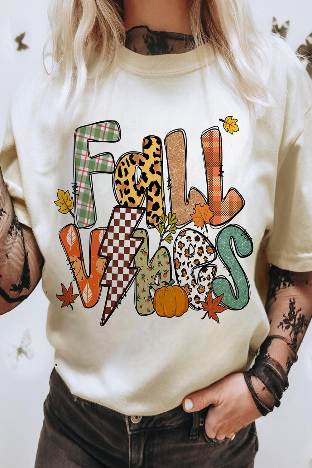 White FALL VIBES Cotton Blend Heat Transfer Printing Casual T Shirt