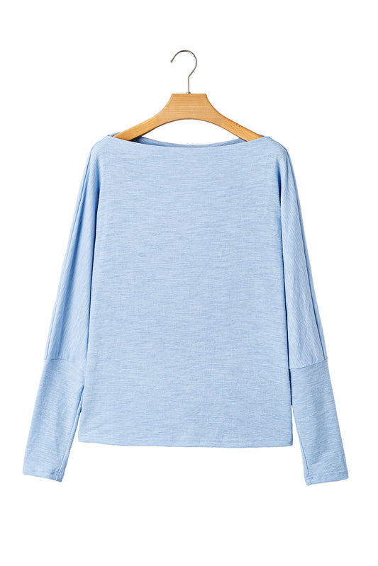 Beau Blue Solid Color Boat Neck Batwing Long Sleeve Top