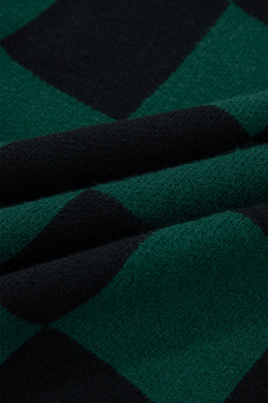 Green Checked Notched Neckline Drop Shoulder Knit Sweater