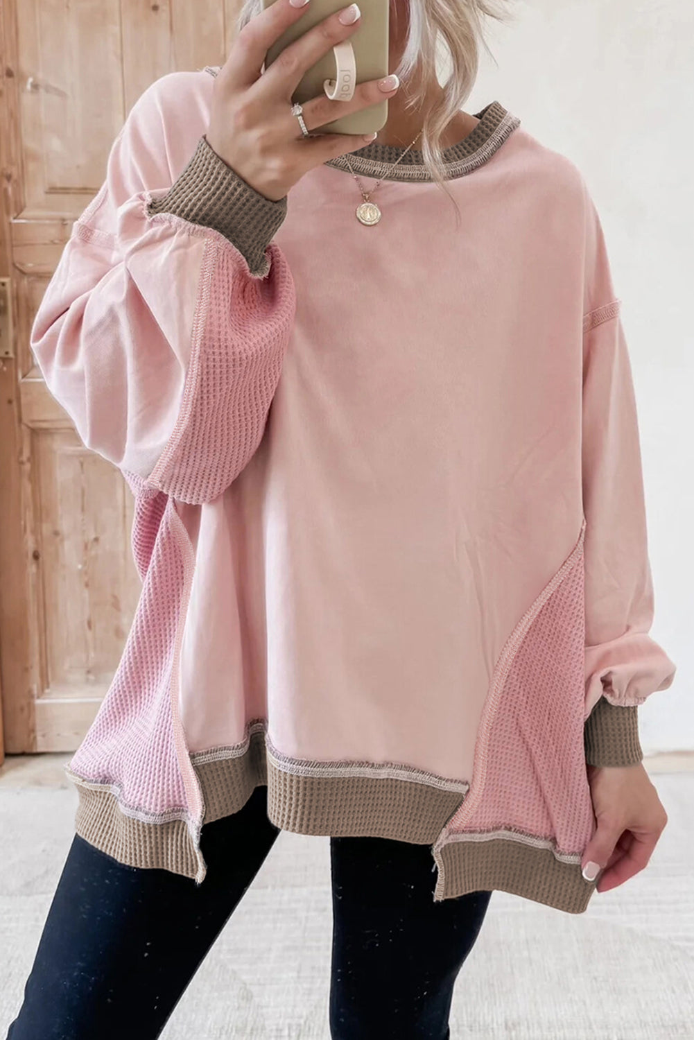 Smoke Green Colorblock Waffle Patchwork Oversize Sweatshirt