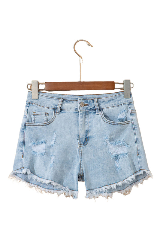 Beau Blue High Rise Distressed Raw Hem Denim Shorts