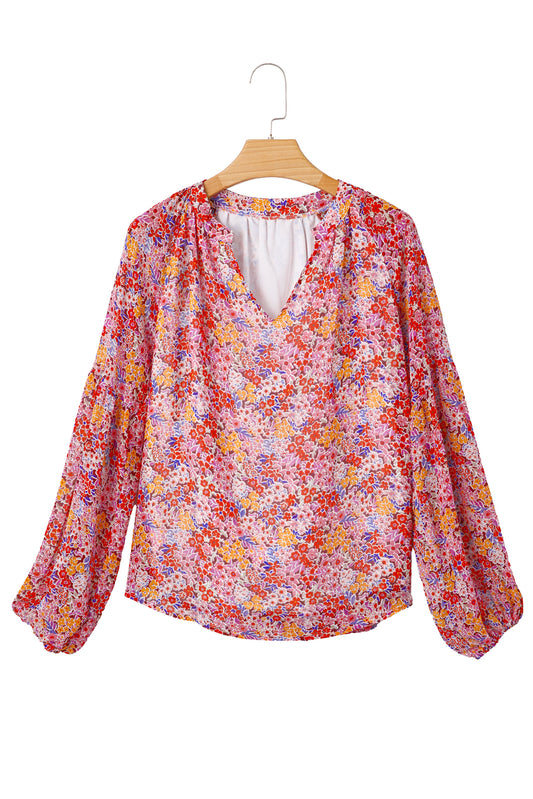 Red Boho Floral Print V Neck Long Sleeve Blouse