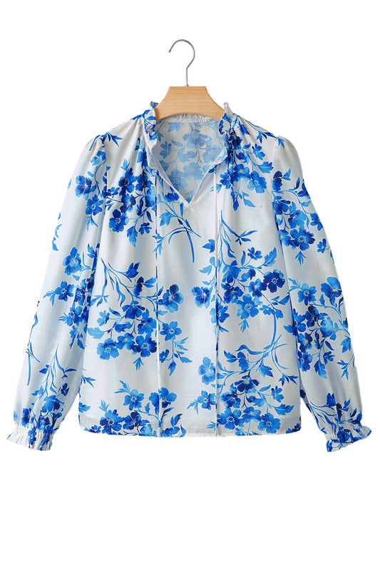 Blue Floral Long Sleeve Lace-up V Neck Blouse