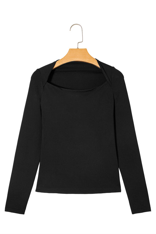 Black Crisscross Boat Neck Long Sleeve Slim Top
