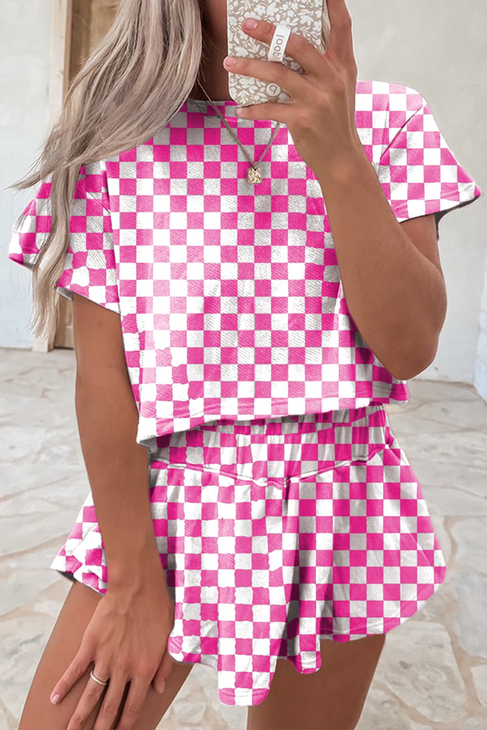 Brown Checkerboard T Shirt and High Waist Skort Set