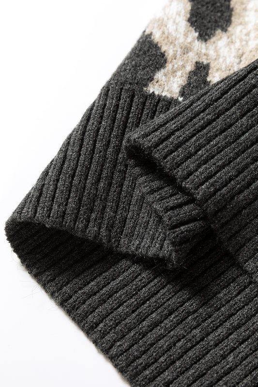 Carbon Grey Leopard Pattern Contrast Trim Round Neck Sweater