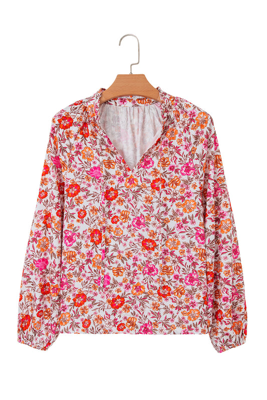 Pink Floral Print Tie Split Neck Bracelet Sleeve Blouse