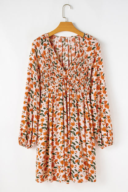 Black Floral Smocked V Neck Bubble Sleeve Babydoll Dress
