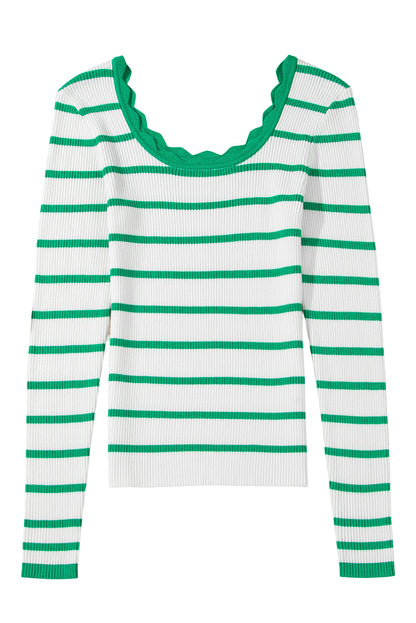 Black White Scalloped Edge Neck Striped Long Sleeve Sweater