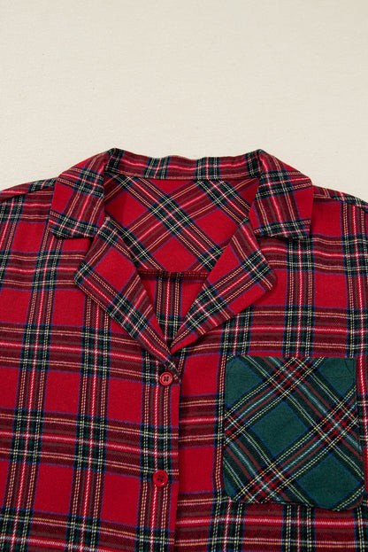 Red Plaid Contrast Color Christmas Holiday Long Sleeve Shirt and Shorts Pajama Set