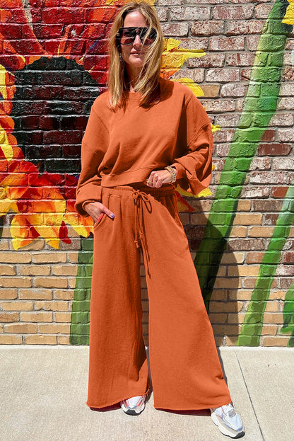 Yellow Cream Drop Shoulder Crop Pullover Drawstring Wide Leg Pants Set