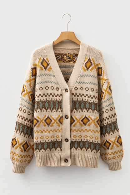 Khaki Geometric Pattern Button V Neck Cardigan