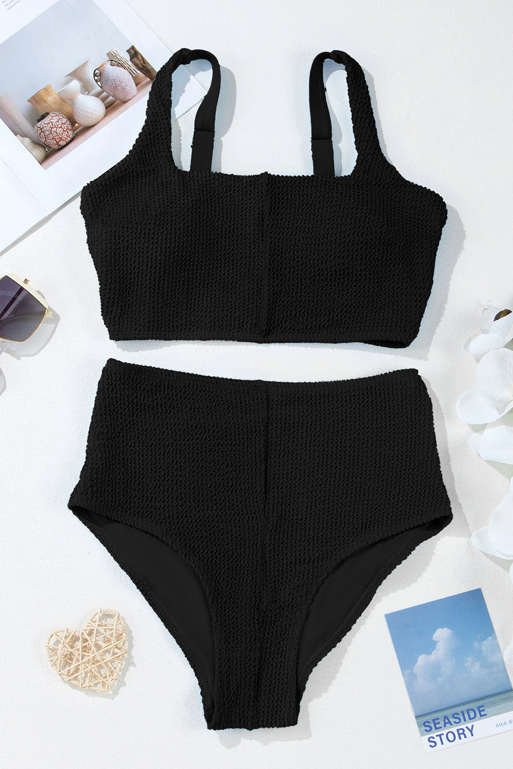 Sky Blue Corded Colorblock Square Neck Bikini Swimsuit
