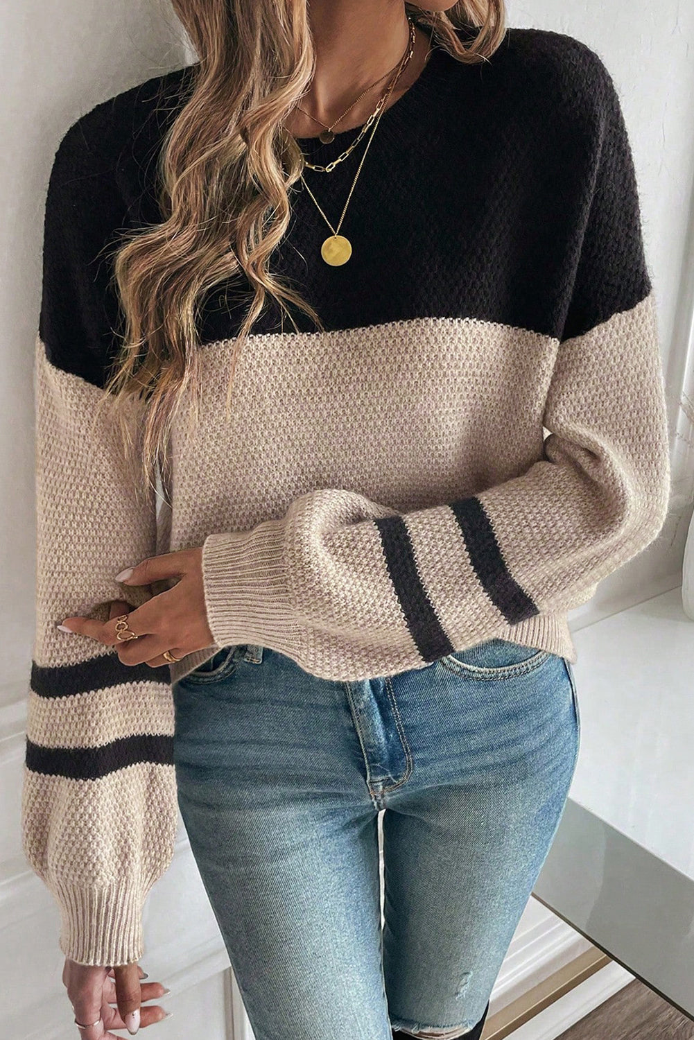 Dark Brown Colorblock Striped Sleeve Detail Knit Sweater