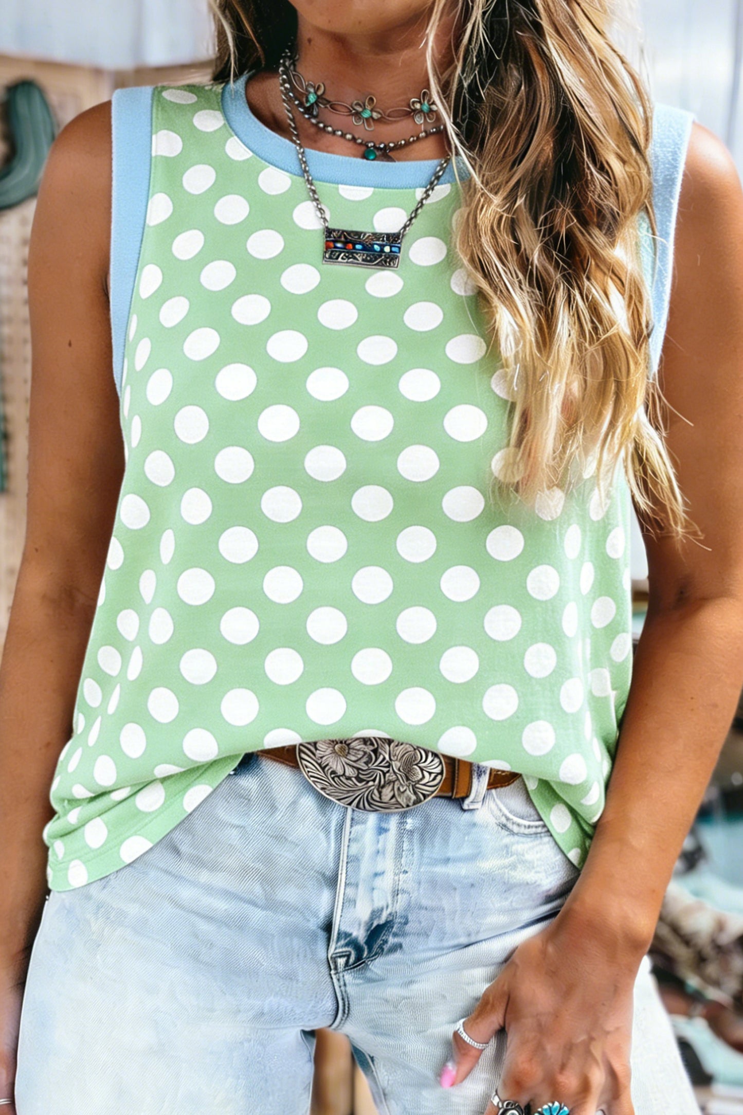 Green Polka Dot Contrast Trim Round Neck Loose Tank Top