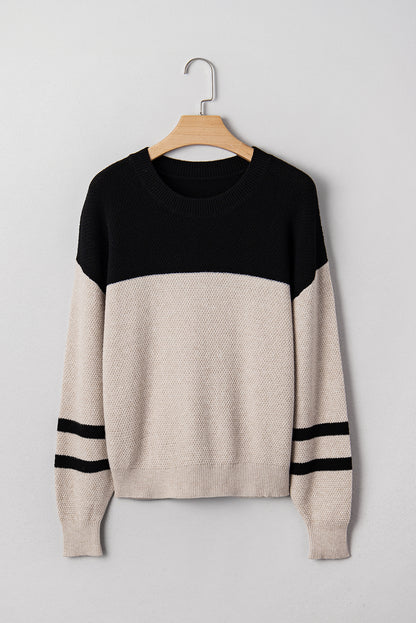 Dark Brown Colorblock Striped Sleeve Detail Knit Sweater