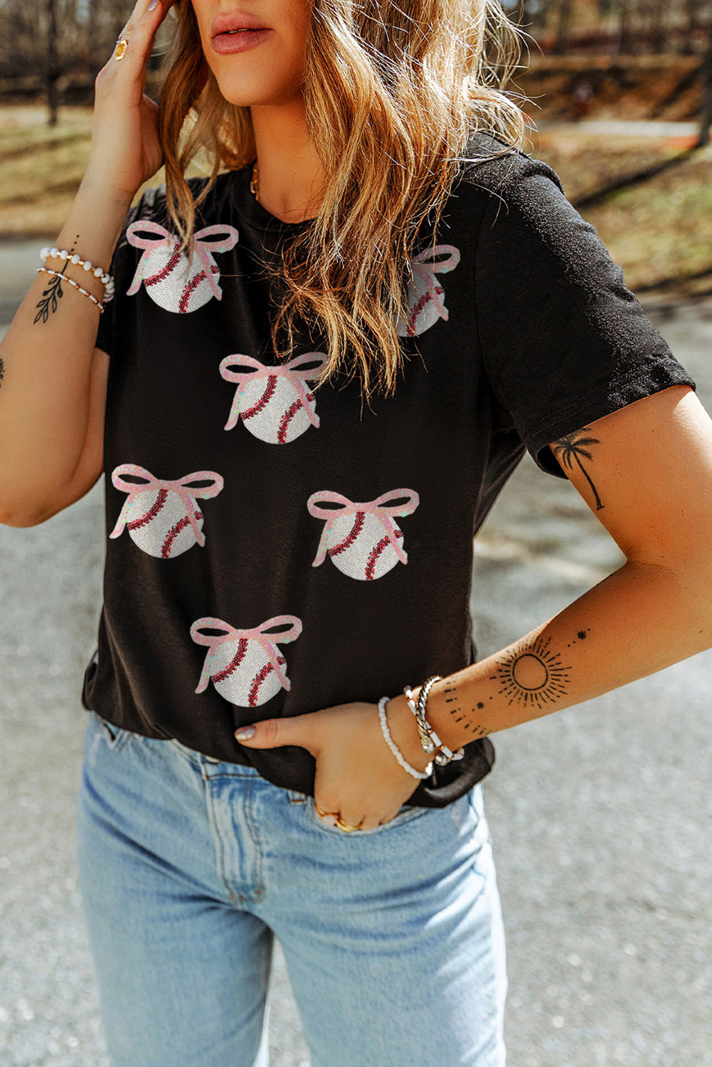 Black Shimmering Bow Ball Patterned Sequins Patch Game Day Casual Tee