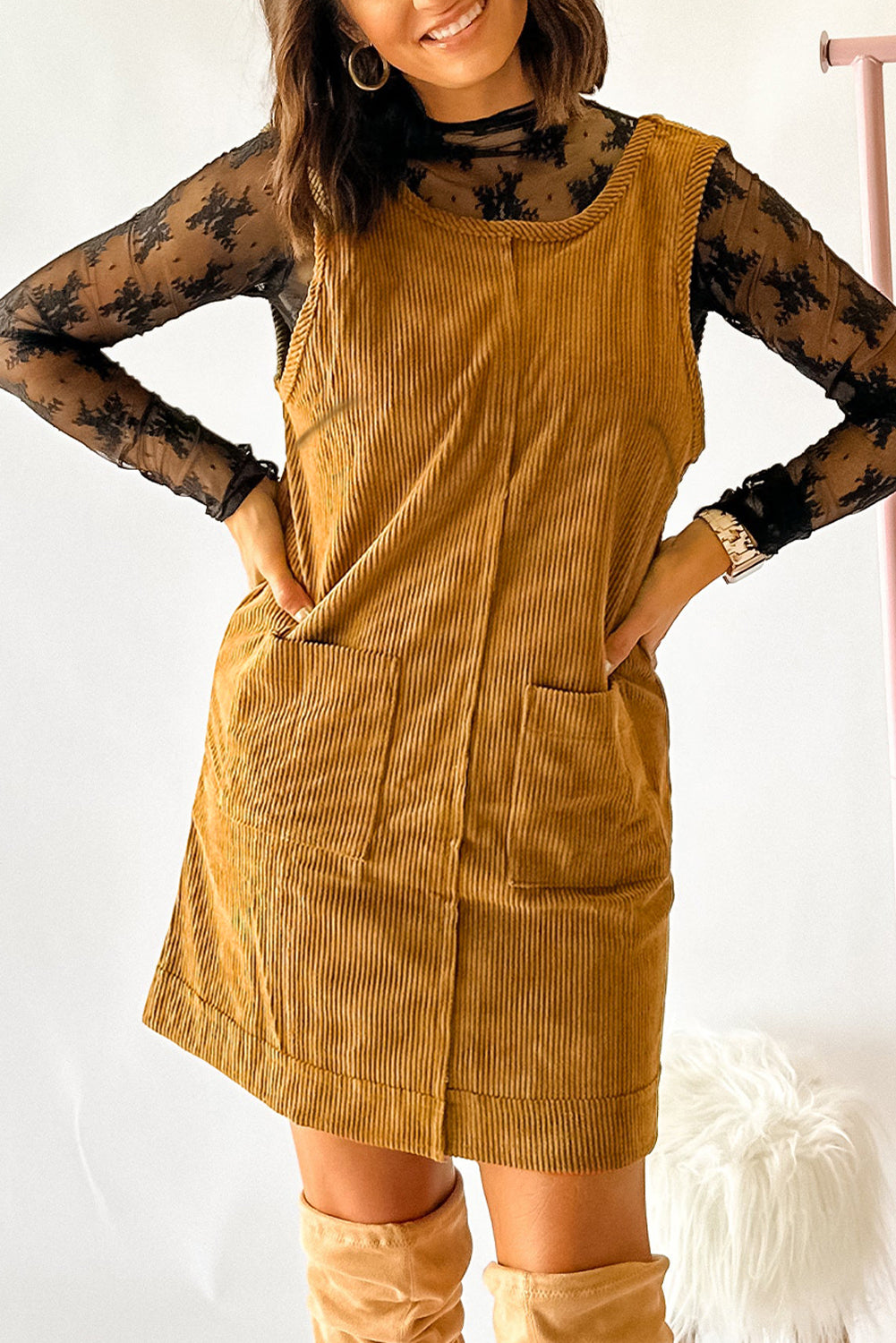 Beige Corduroy Exposed Seam Sleeveless Mini Dress