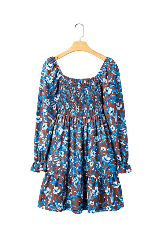 Blue Smocked Bodice High Waist Ruffled Sleeve Floral Dress