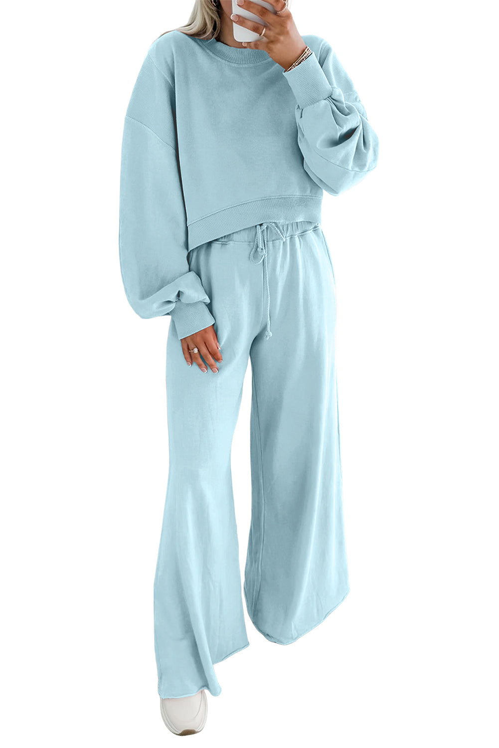 Yellow Cream Drop Shoulder Crop Pullover Drawstring Wide Leg Pants Set