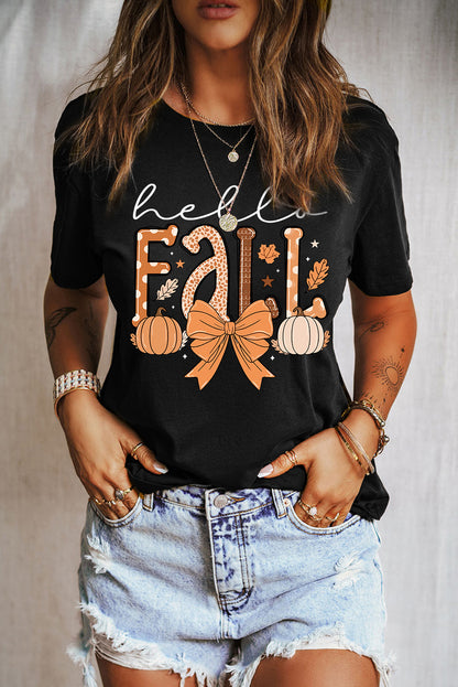 Black Hello Fall Thanksgiving Bow Pumpkin Heat Transfer Printing Graphic Tee