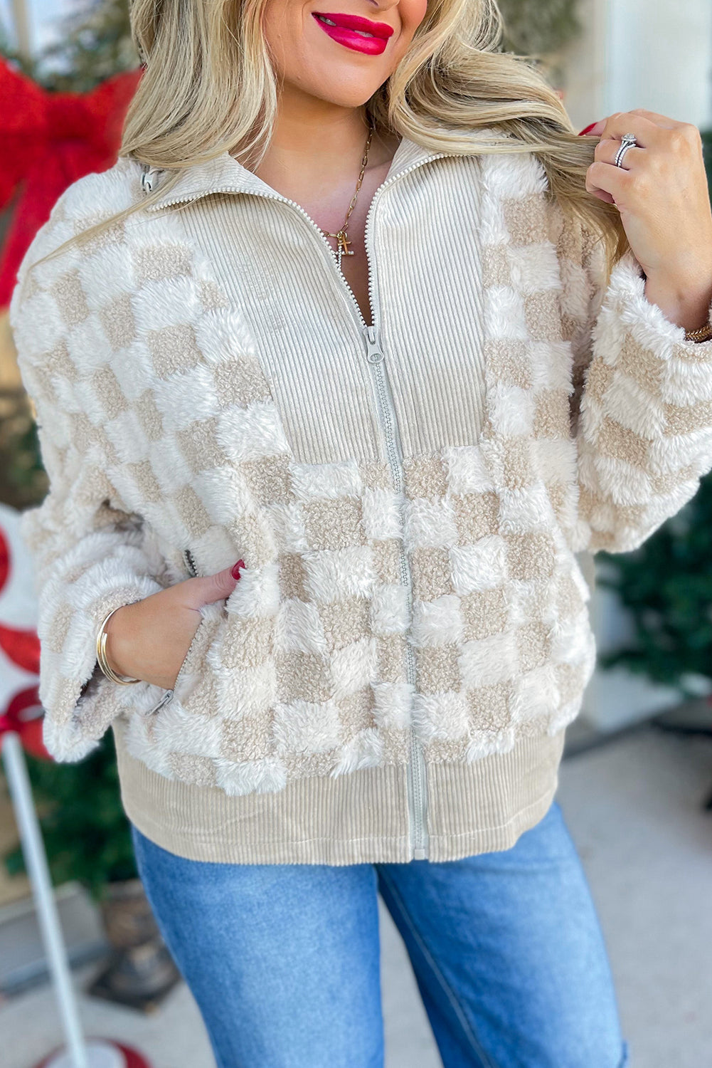 Khaki Checkered Sherpa Corduroy Patchwork Zip-up Collared Jacket