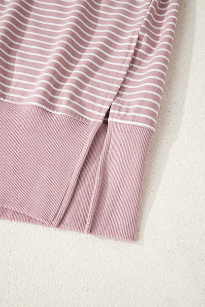 Rose Stripe Thumbhole Side Slits Drop Shoulder Loose Fit Hoodie