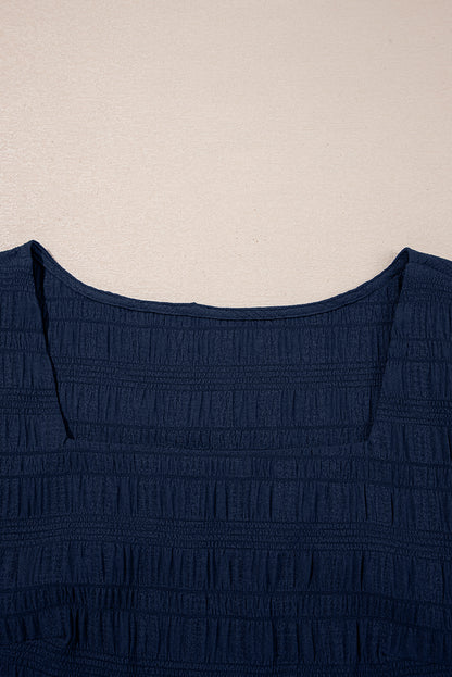Dirty Blue Textured Ruffle Top and Shirred High Waist Shorts Set