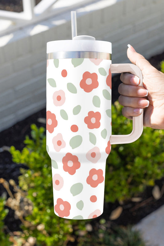 White 60s Floral Print Stainless Large Portable Cup