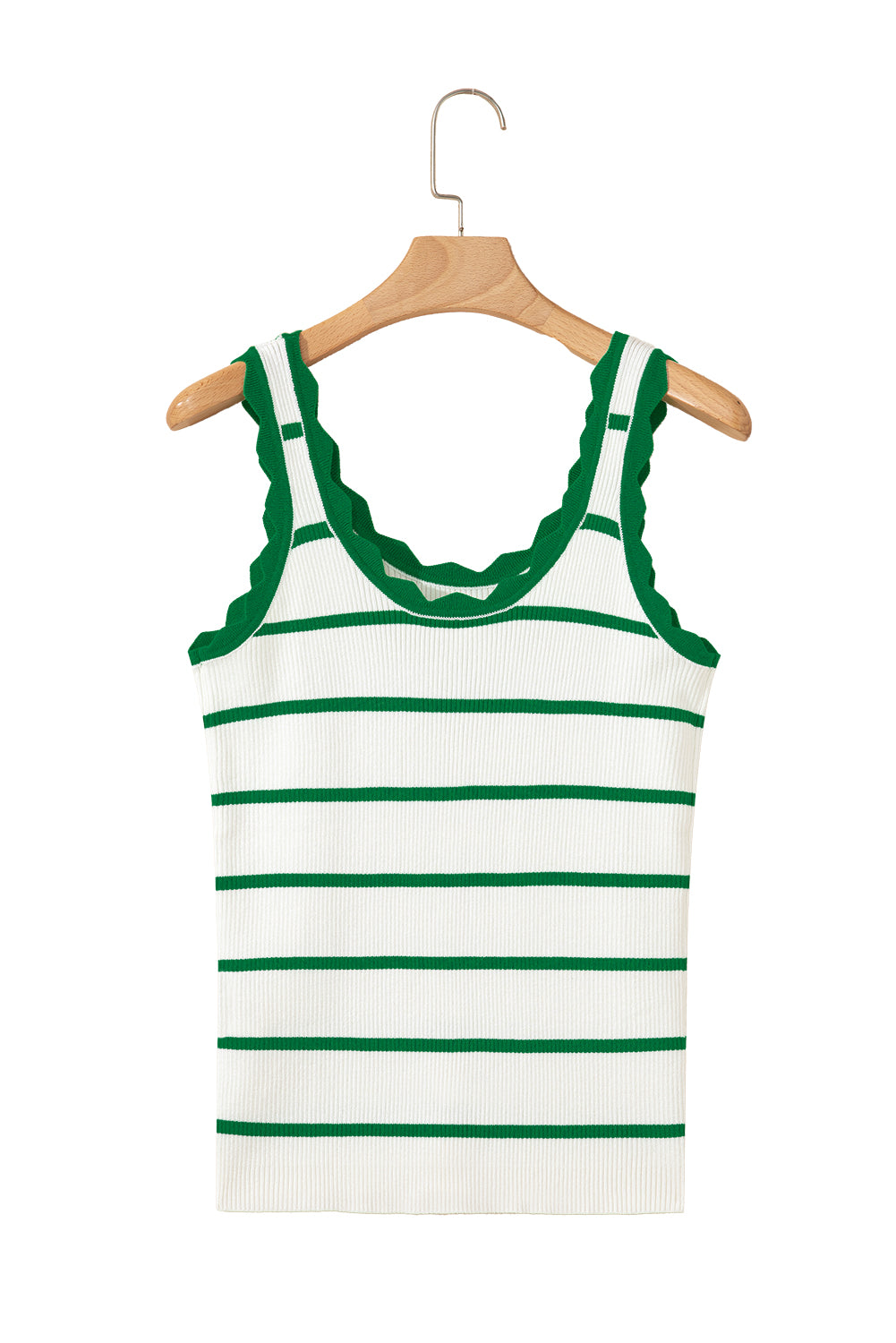 Bright Green Scalloped Edge Striped Ribbed Tank Top