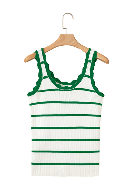 Bright Green Scalloped Edge Striped Ribbed Tank Top