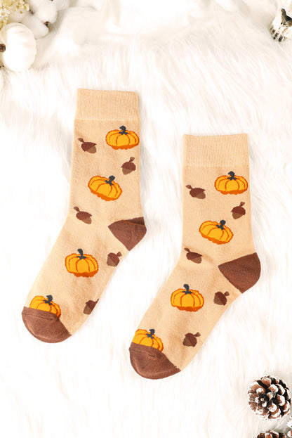 Parchment Pumpkin & Acorn Pattern Combed Cotton Crew Socks