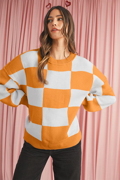 Dark Brown Plaid Bishop Sleeve Pullover Sweater